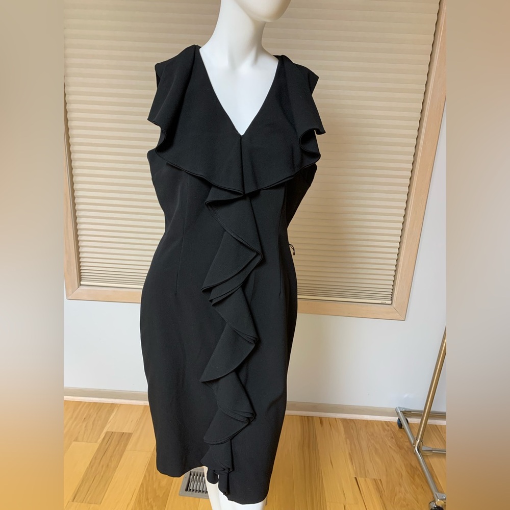 Calvin Klein Black Ruffled Dress Size 12. Belt missing. Good Condition Vintage